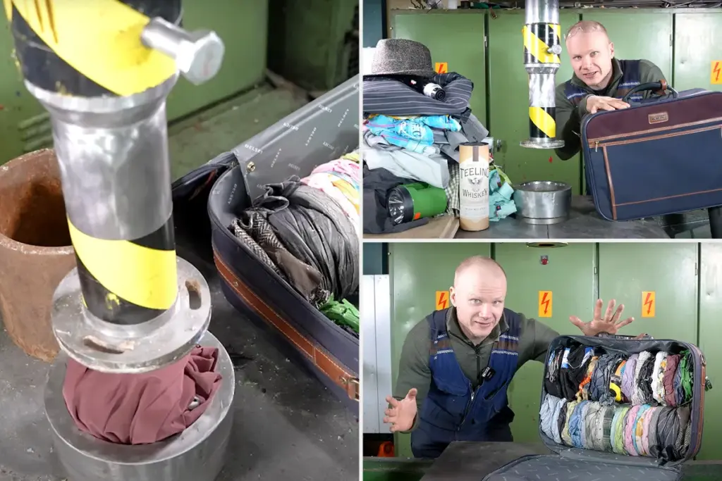 Dit stel propt één week aan kleding in handbagage — met 150 ton hydraulische pers