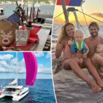 Een gezin viert minimalistische kerst op zee met verse vis en schelpen als cadeaus