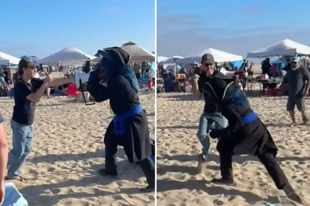 Felle furries slaan terug na betrapte man die hen filmt op het strand