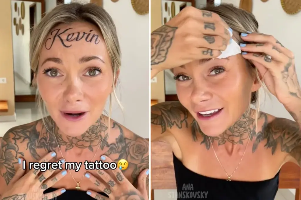 Vrouw met ‘Kevin’-tattoo op voorhoofd bekent dat het nep was — en deelt waarschuwing over spijt