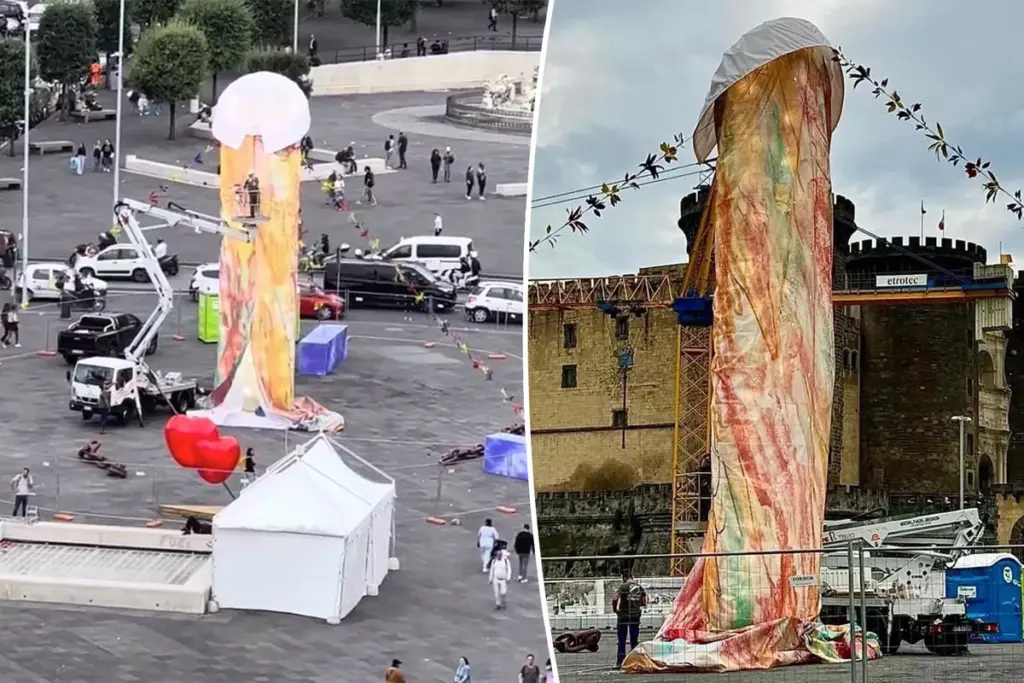 Grote penissculptuur op stadsplein Napels veroorzaakt ophef onder inwoners