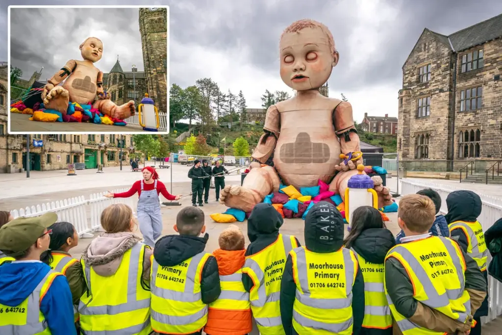 ‘Demonische’ pop van 8 meter schrikt inwoners Rochdale op: zoiets heb je nog nooit gezien